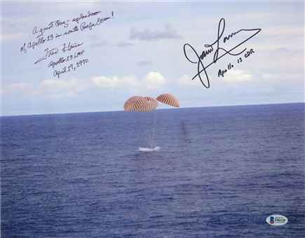Fred Haise and Jim Lovell Dual Signed/Inscribed Apollo 13 Splashdown 11x14 Photo (Beckett)
